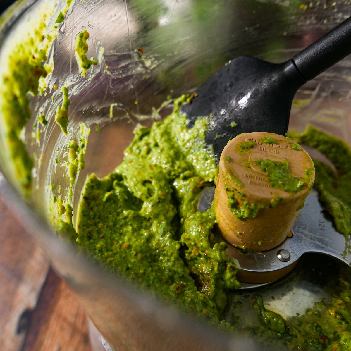 pistachio-pesto.jpg Pistachio pesto in a food processor.