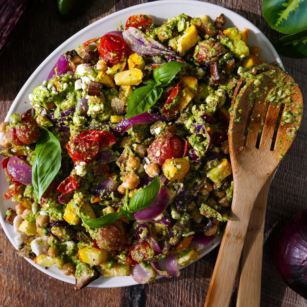 veggies-feta-chickpeas.jpg Roasted veggies tossed with feta, chickpeas, and pesto.