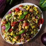 Roasted vegetable salad with summer vegetables and pesto.