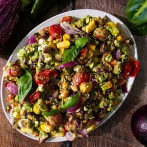 Roasted vegetable salad with summer vegetables and pesto.