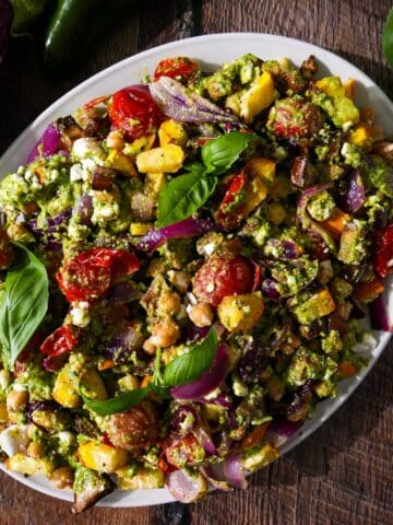 Roasted vegetable salad with summer vegetables and pesto.