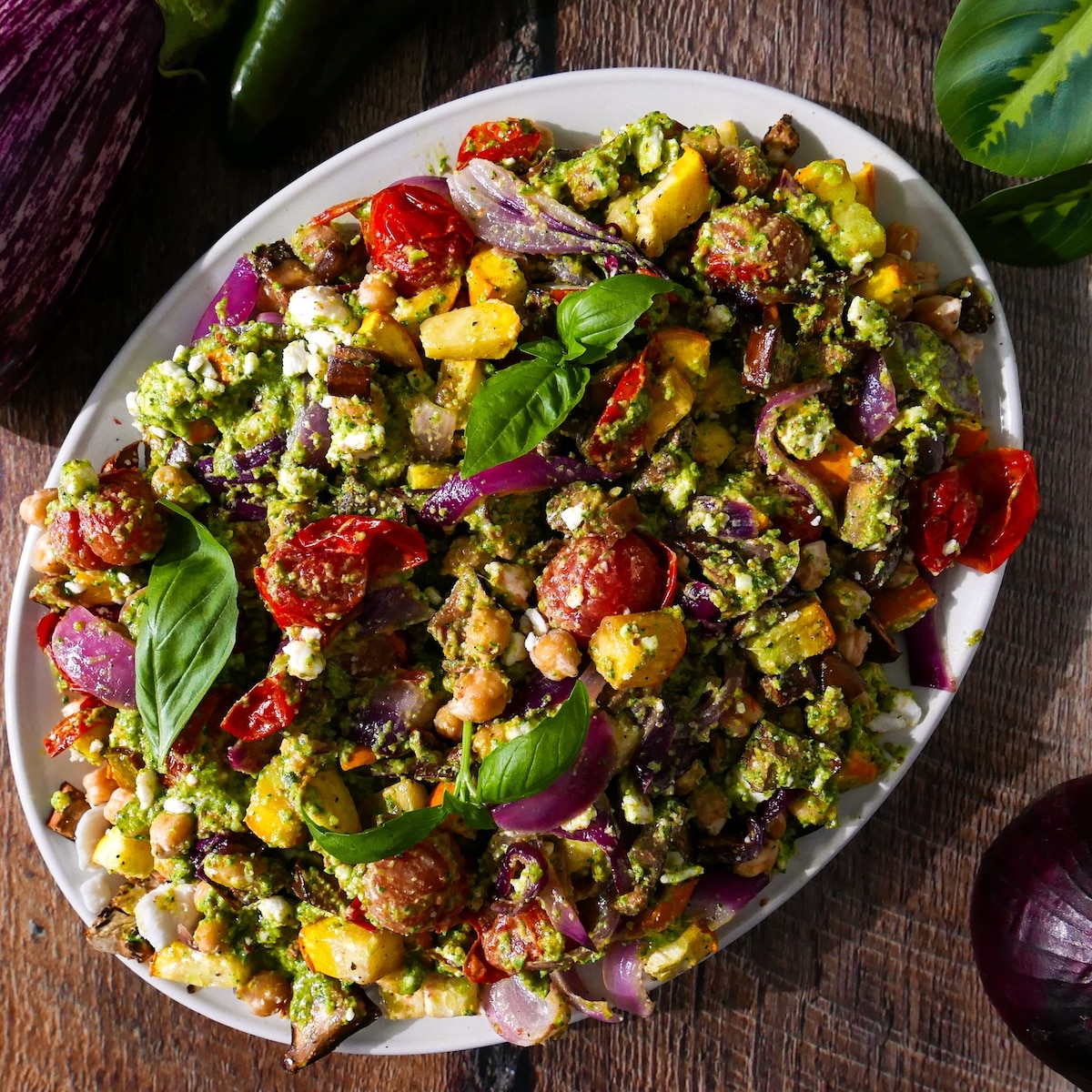 Roasted vegetable salad with summer vegetables and pesto.