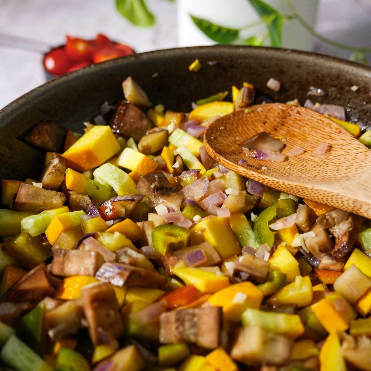 sauteed-vegetables.jpg Sauteed vegetables in a skillet.