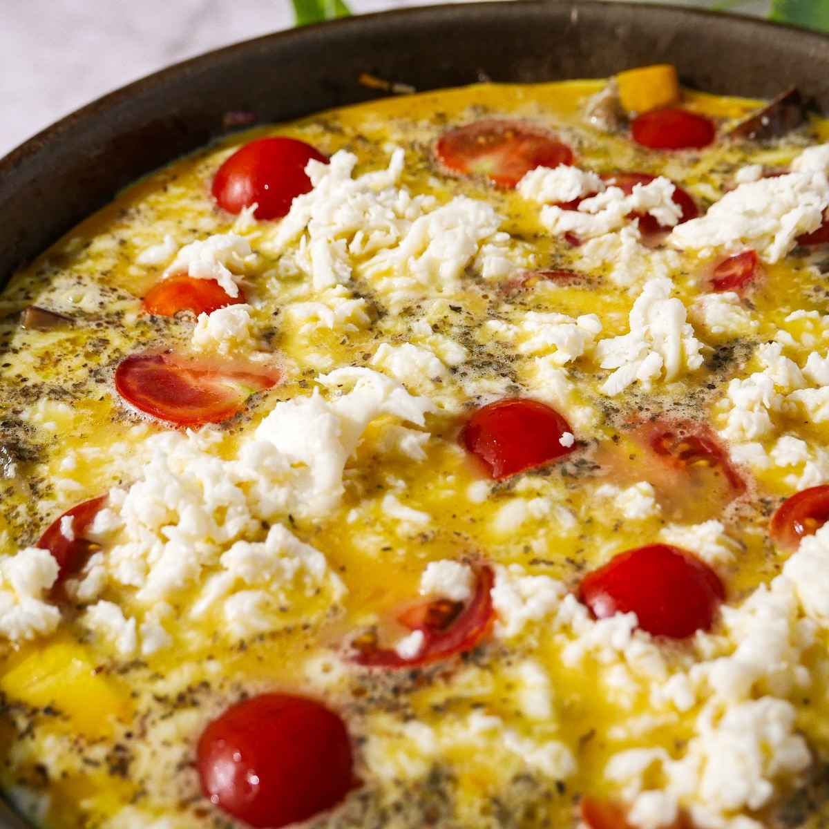 assembled-frittata.jpg Cherry tomatoes and mozzarella on top of egg mixture.