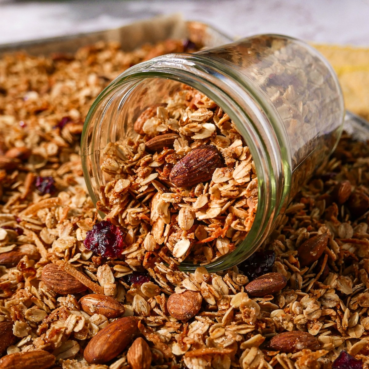 easy-granola.jpg Easy granola in a glass jar.