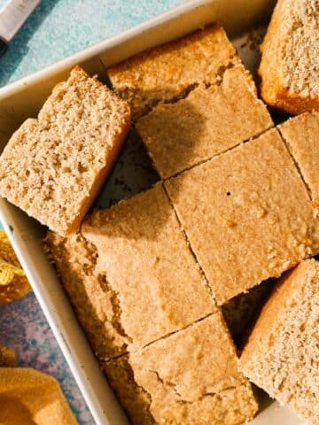 Sourdough discard cornbread in a square pan.