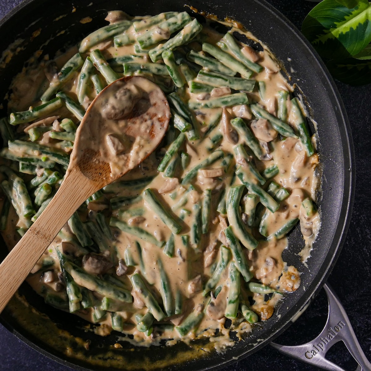 green-beans-in-sauce.jpg Green beans combined with mushroom sauce.