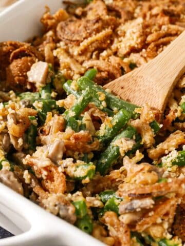 Green bean casserole with fresh green beans and crispy onions.