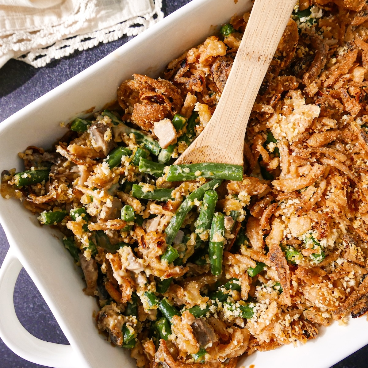 homemade-green-bean-casserole.jpg Golden and bubbly green bean casserole from scratch.