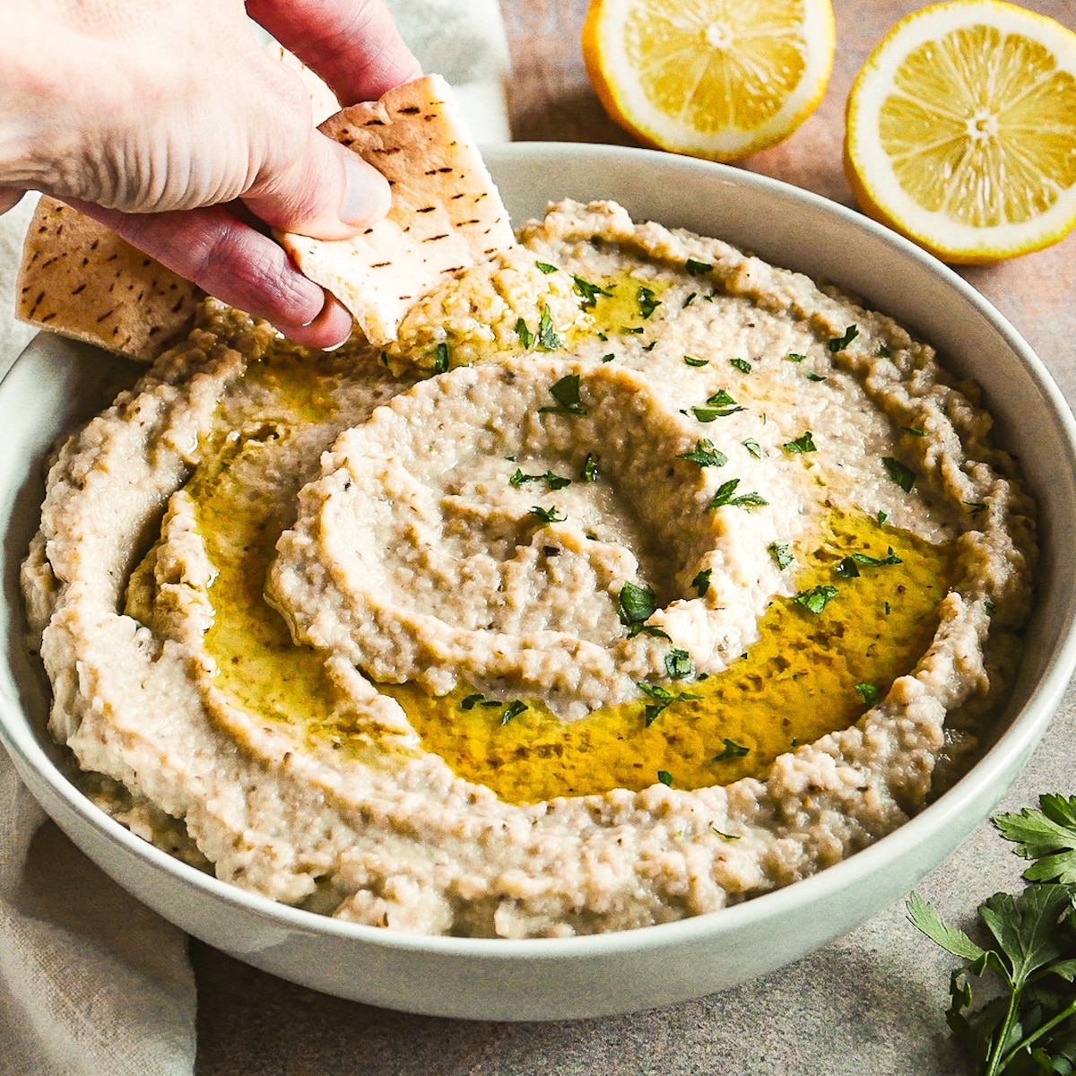 smoky-eggplant-dip.jpg Smoky eggplant dip with pita.