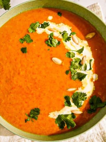 Roasted butternut squash soup with carrots and ginger.