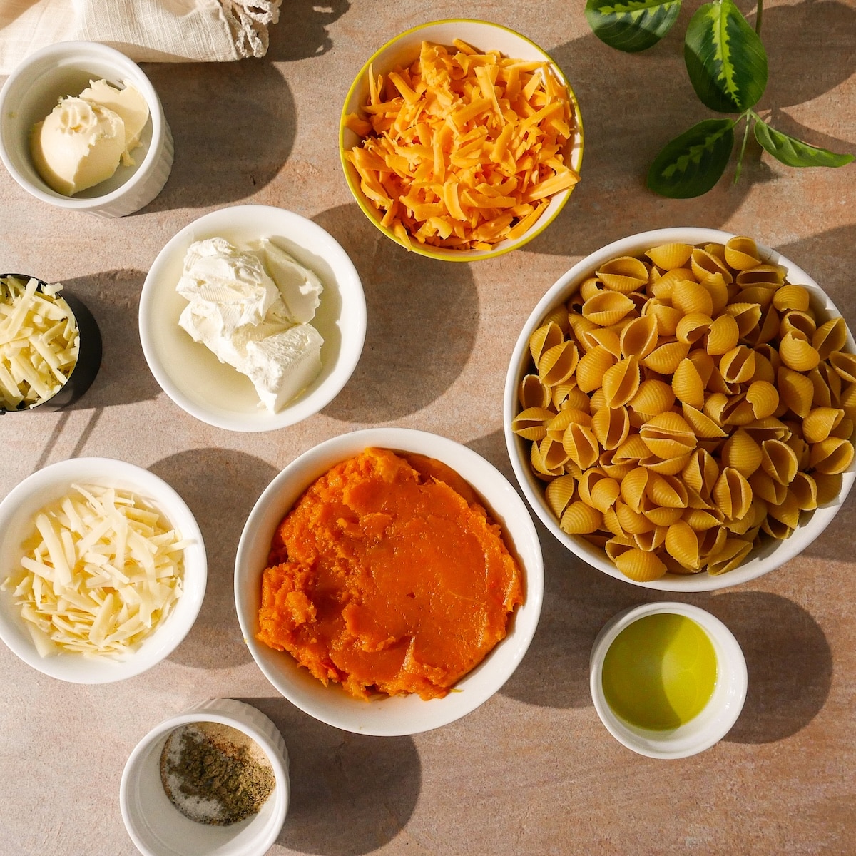 mac-and-cheese-ingredients.jpg Mac and cheese ingredients on a table.