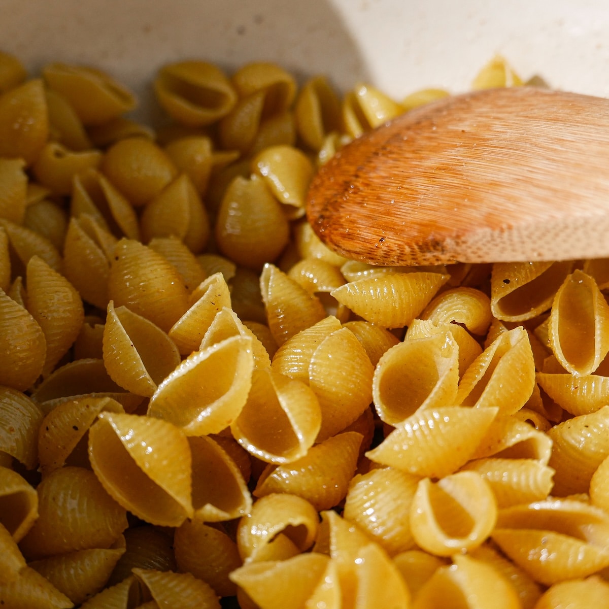 pasta-shells.jpg Pasta shells added to pot with butter and spices.