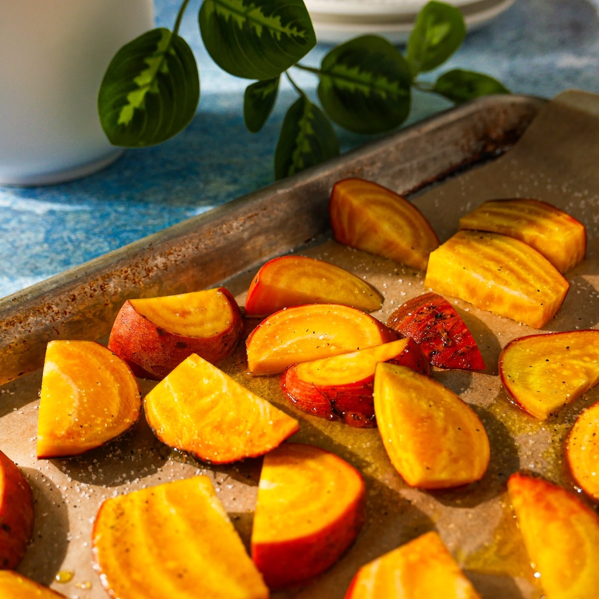 sliced-beets.jpg Sliced beets tossed with olive oil and spread into a single layer.
