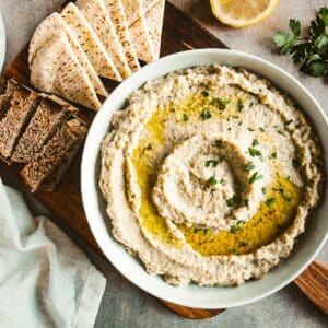Middle Eastern eggplant dip served in a bowl.