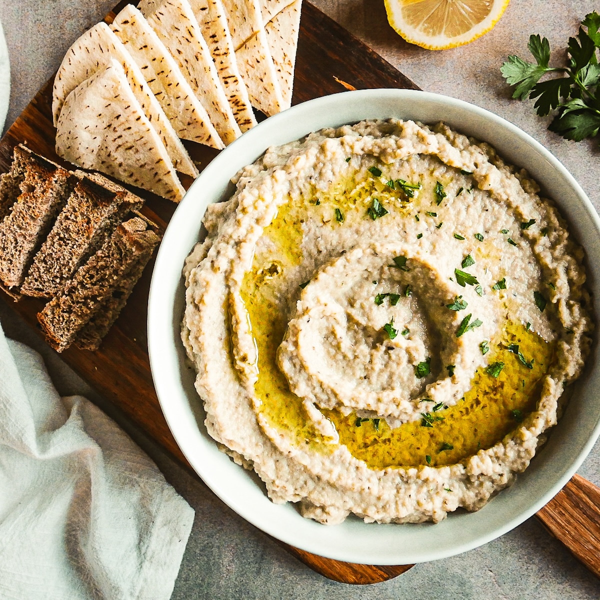 Middle Eastern eggplant dip served in a bowl.